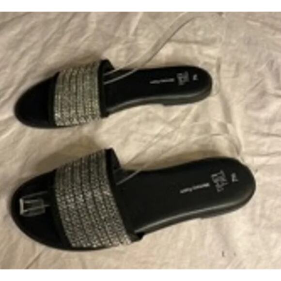 Rhinestone Slide Sandals Black Sparkle Open Toe Slip-On Flats Women’s 7 - Picture 3 of 7